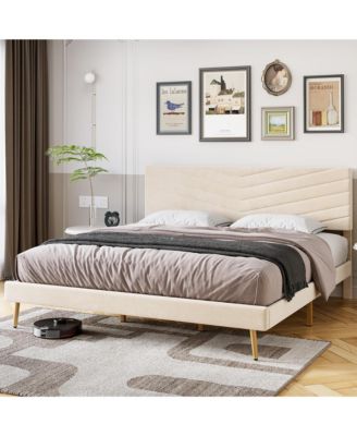 King Size Bed Frame with Velvet Upholstered Headboard