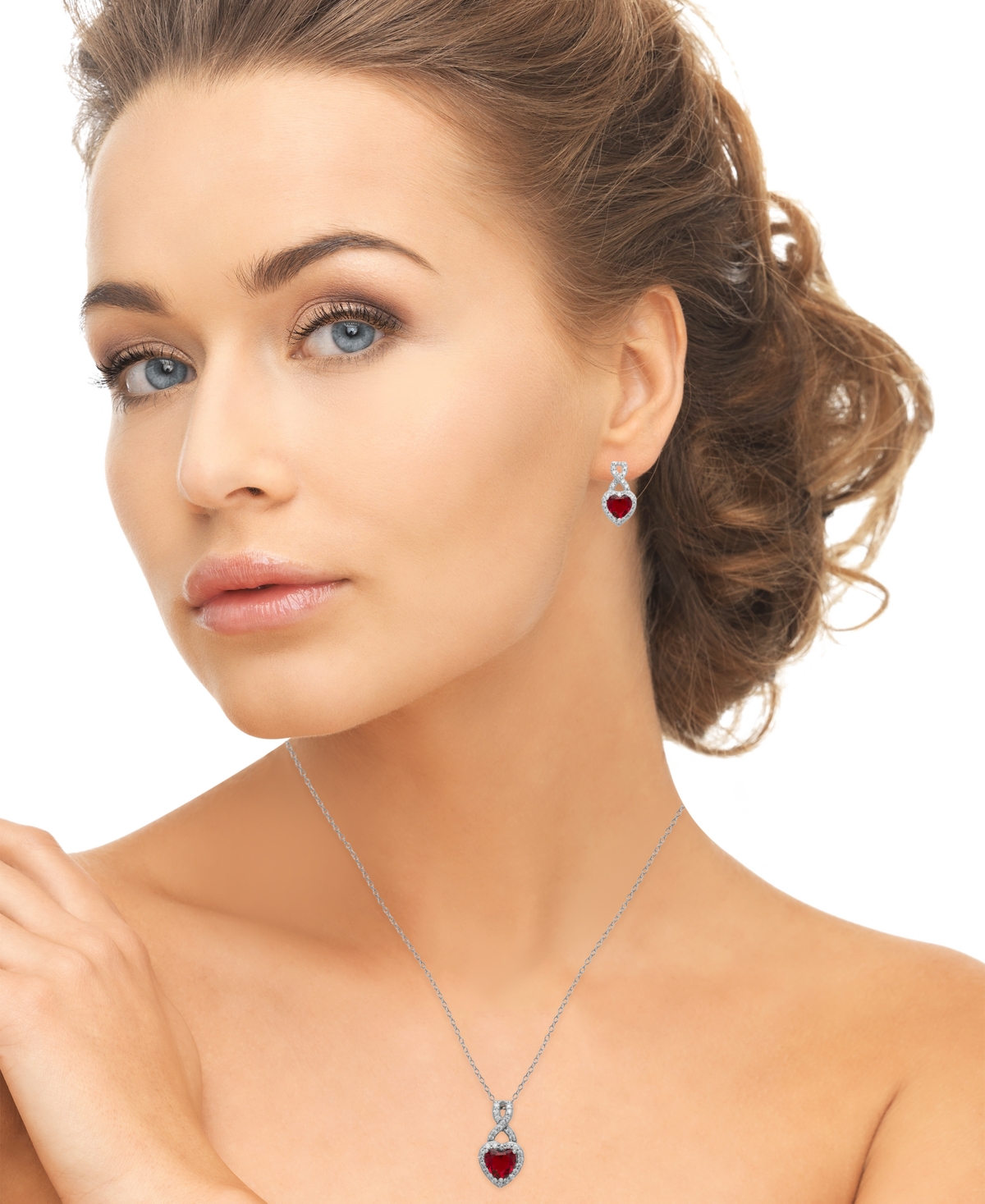 Macy's 2-Pc.Lab Grown Ruby (3.6 ct.tw.) And White Sapphire (0.78 ct.tw.) Infinity Heart Pendant Necklace and Earrings Set in Sterling Silver
