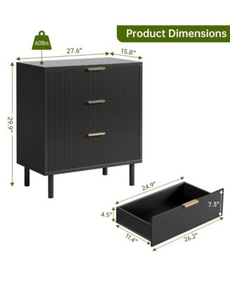 Black Fluted 3 Drawers Dresser, Wide Wood Chest of Drawers, Modern Storage Dresser Chest of Drawers Organizer