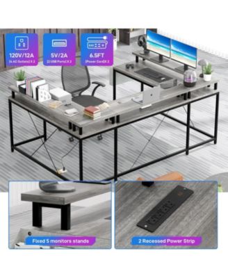 78" Wooden Power Outlets & RGB LED, Reversible L-Shaped Home Office Desk with Storage U-Shaped Gaming Computer Desk