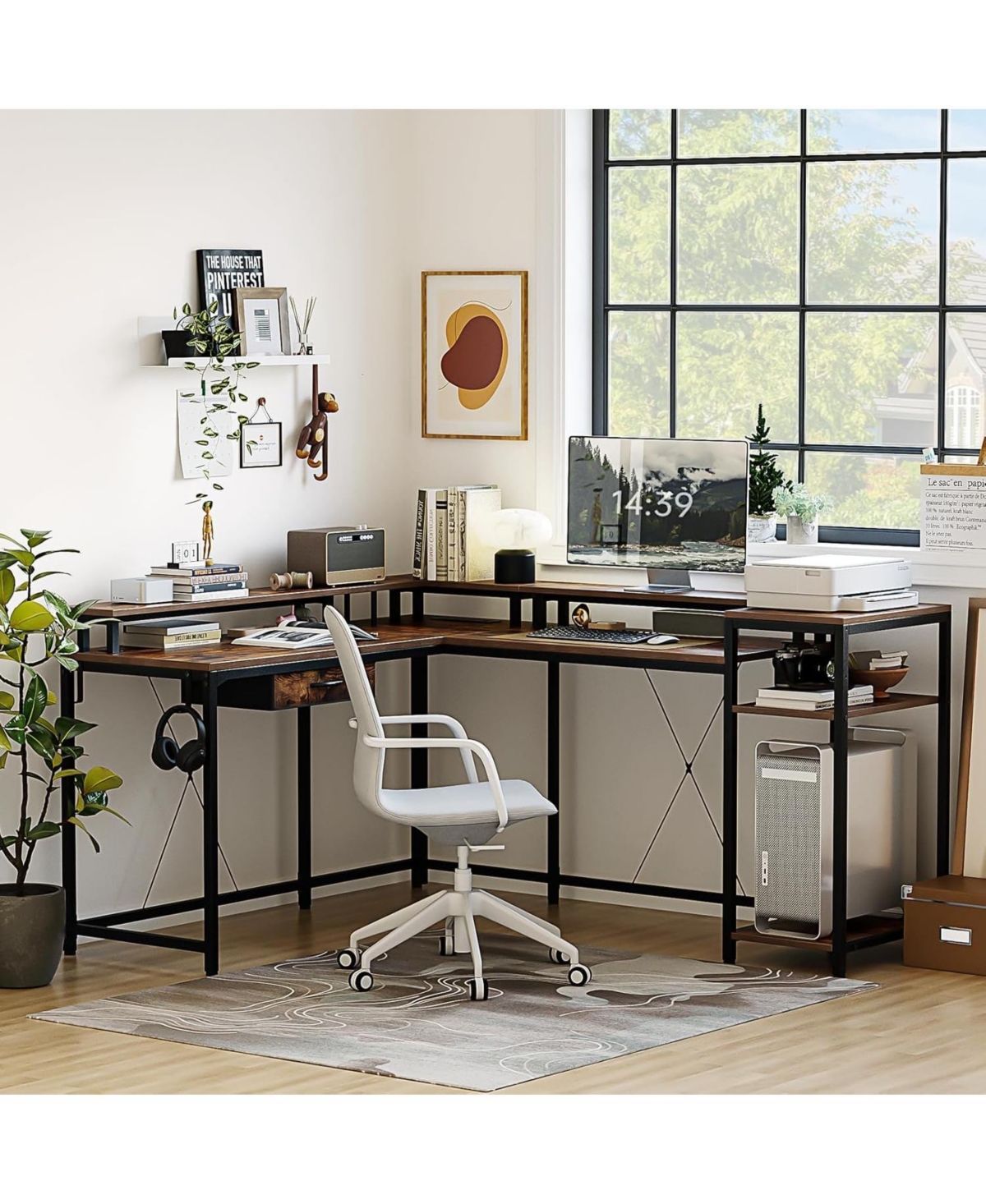 gaomon 55" Brown L-Shaped Desk with Drawer & Led, Versatile Corner Home Office Desk with Usb Charging, Power Outlet, Monitor Stand