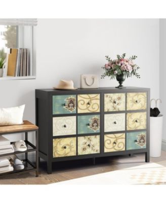 6-Drawer Rustic Modern Wood Retro Floral Pattern Farmhouse Style Dresser Bedroom Chest with Metal Handle