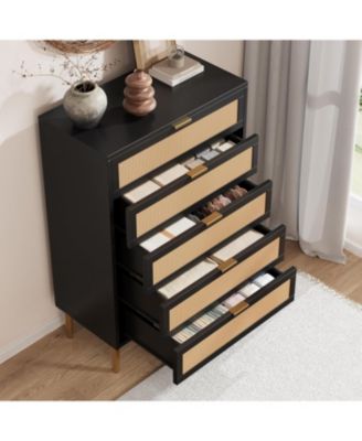 5-Drawer Rattan Dresser, 44" Tall, Farmhouse Wood Vertical Chest with Metal Legs & Handles, Bedroom, Living Room, Black
