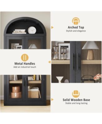 71.4 Inch Arched Bookshelf with Glass Doors, Rustic Premium Wood Display Cabinet for Living Room, Black