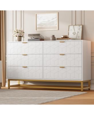 53.5 Inch 6-Drawer Modern Dresser, Wide Chest with Gold Metal Legs & Handles, Storage for Bedroom, Living Room, Hallway, White