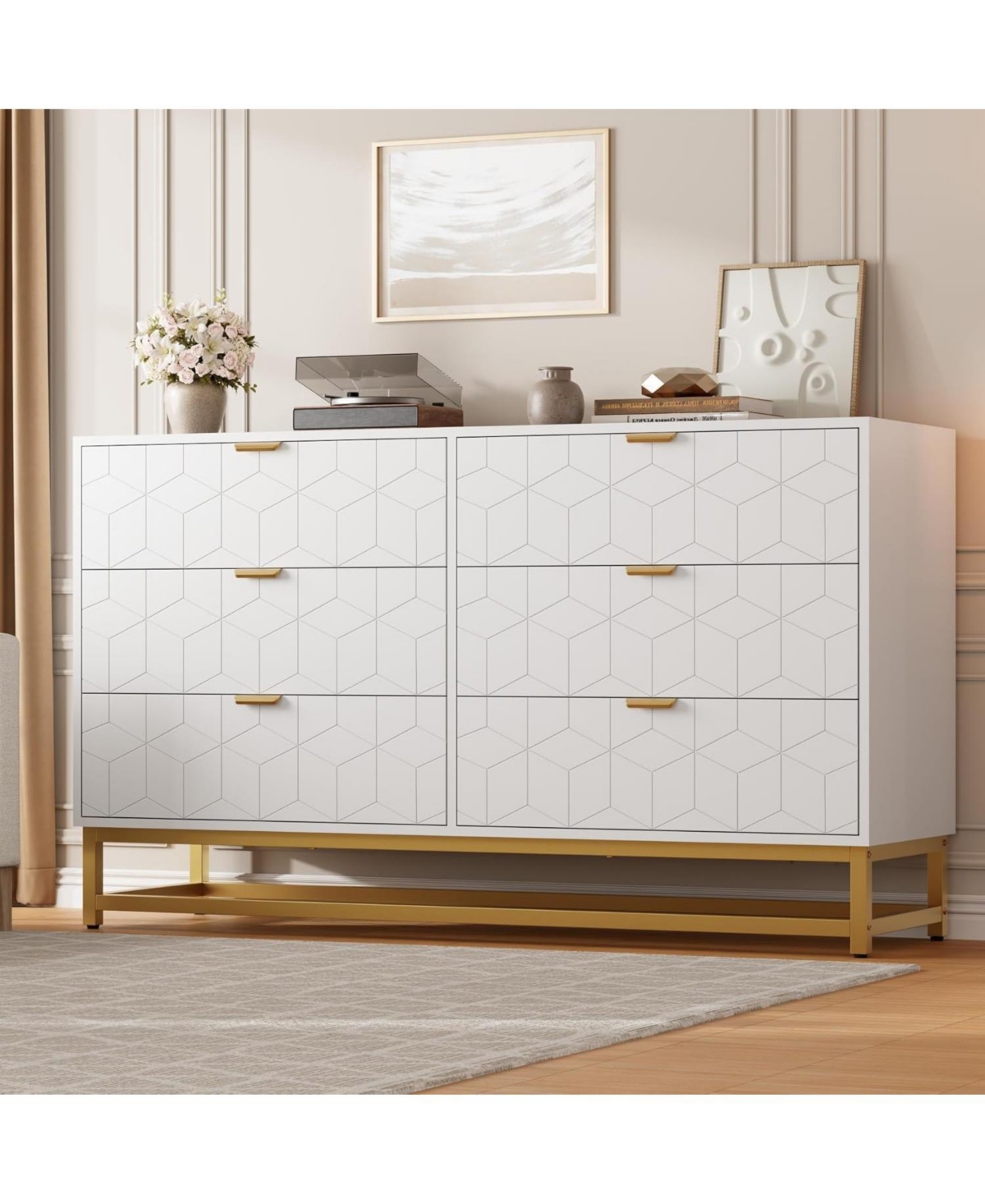 gaomon 53.5 Inch 6-Drawer Modern Dresser, Wide Chest with Gold Metal Legs & Handles, Storage for Bedroom, Living Room, Hallway, White