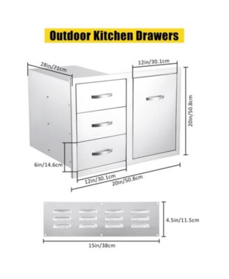 Stainless Steel Outdoor Kitchen Drawer Combo with Trash Drawer for BBQ Grill Station, 28" W x 20" H x 20" D