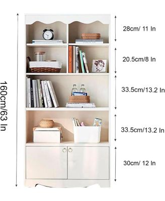 5-Tier Modern Bookshelf Display Cabinet, 63" Floor Standing Storage Organizer, Walnut Finish, White