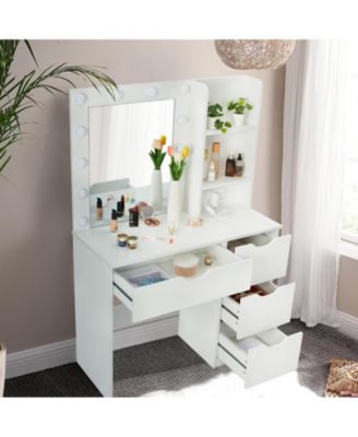 36 Inch Makeup Vanity Table with Lights, Lighted Mirror, Power Outlet, Modern Bedroom Dressing Desk