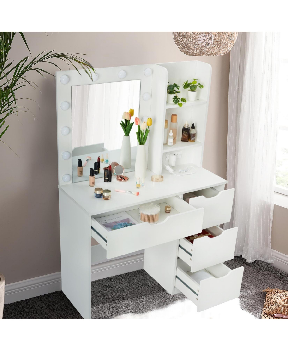 gaomon 36 Inch Makeup Vanity Table with Lights, Lighted Mirror, Power Outlet, Modern Bedroom Dressing Desk