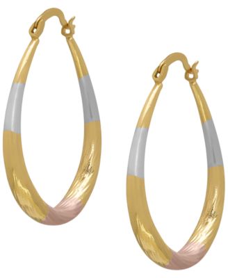 14k Gold Plated Brass Tri-Color Pear Shape Hoop Earrings
