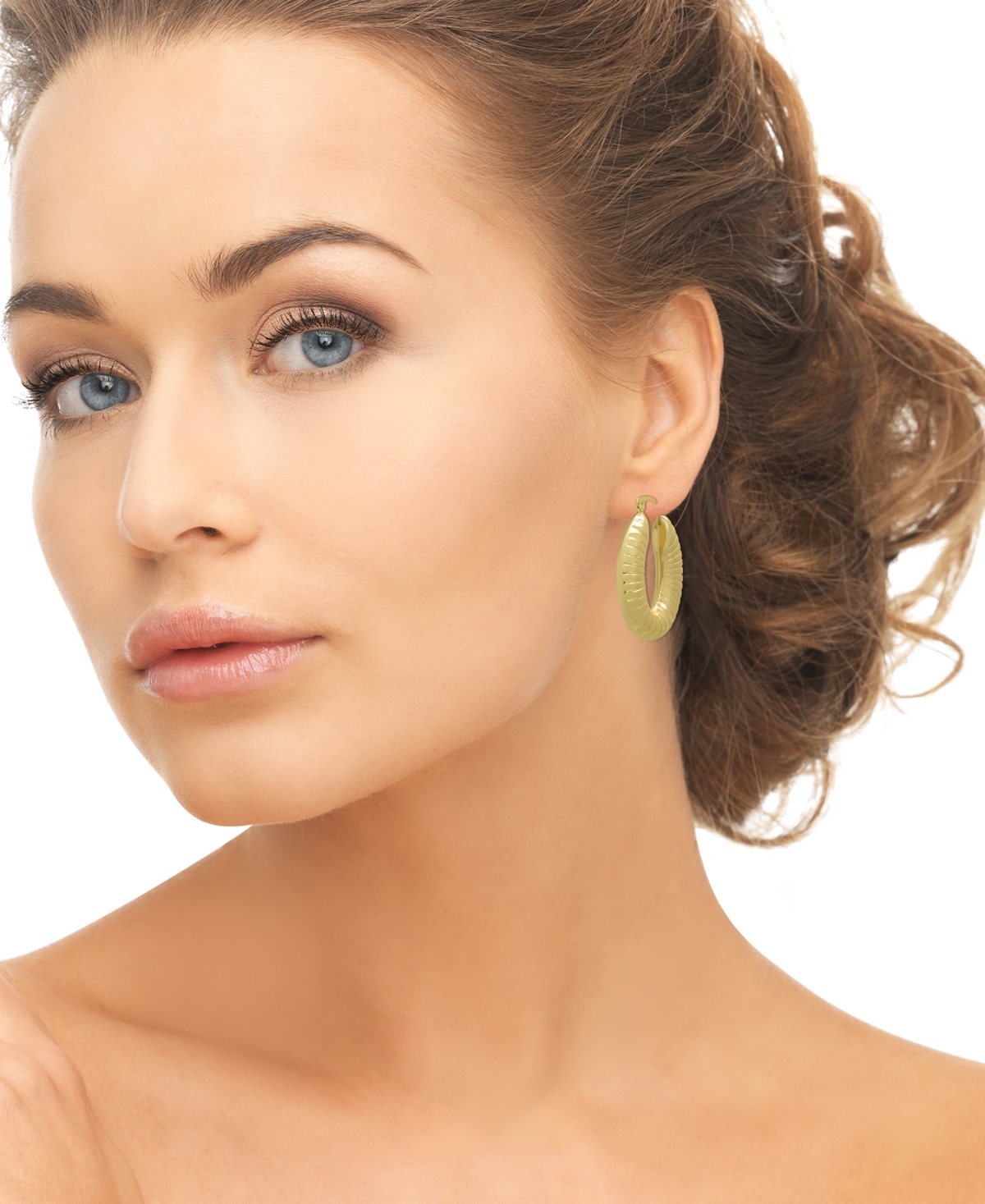 Macy's 14k Gold Plated Brass Ribbed Shiny Oval Hoop Earrings