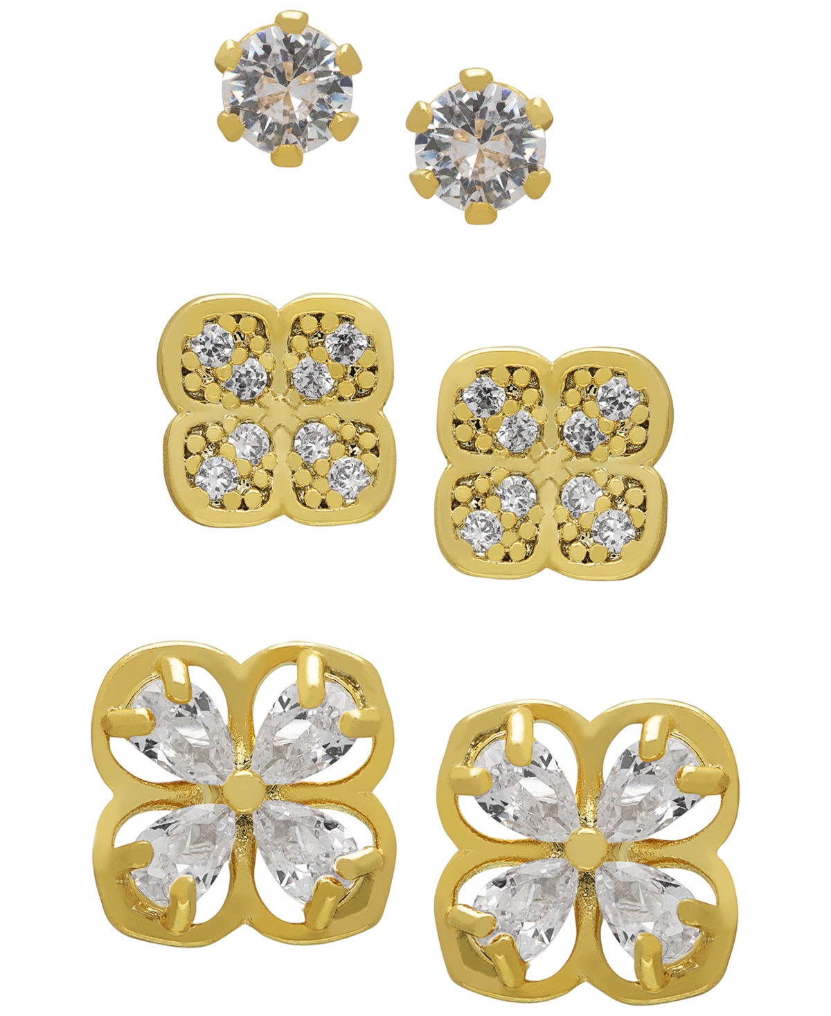 Macy's 3-Pc. Cubic Zirconia (1.32 ct. t.w.) Triple Floral Stud Earrings Set