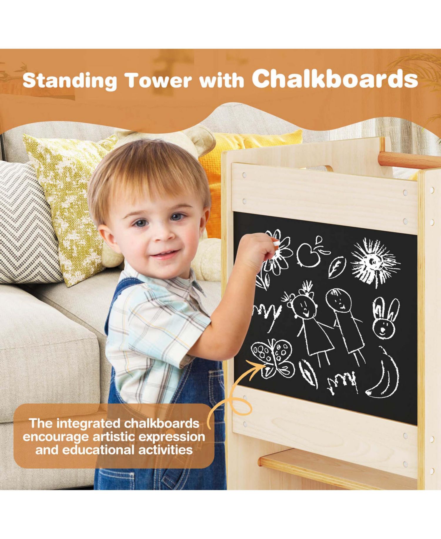 Toddler Kitchen Step Stool with Activity Chalkboard Adjustable Height & Safety Rail