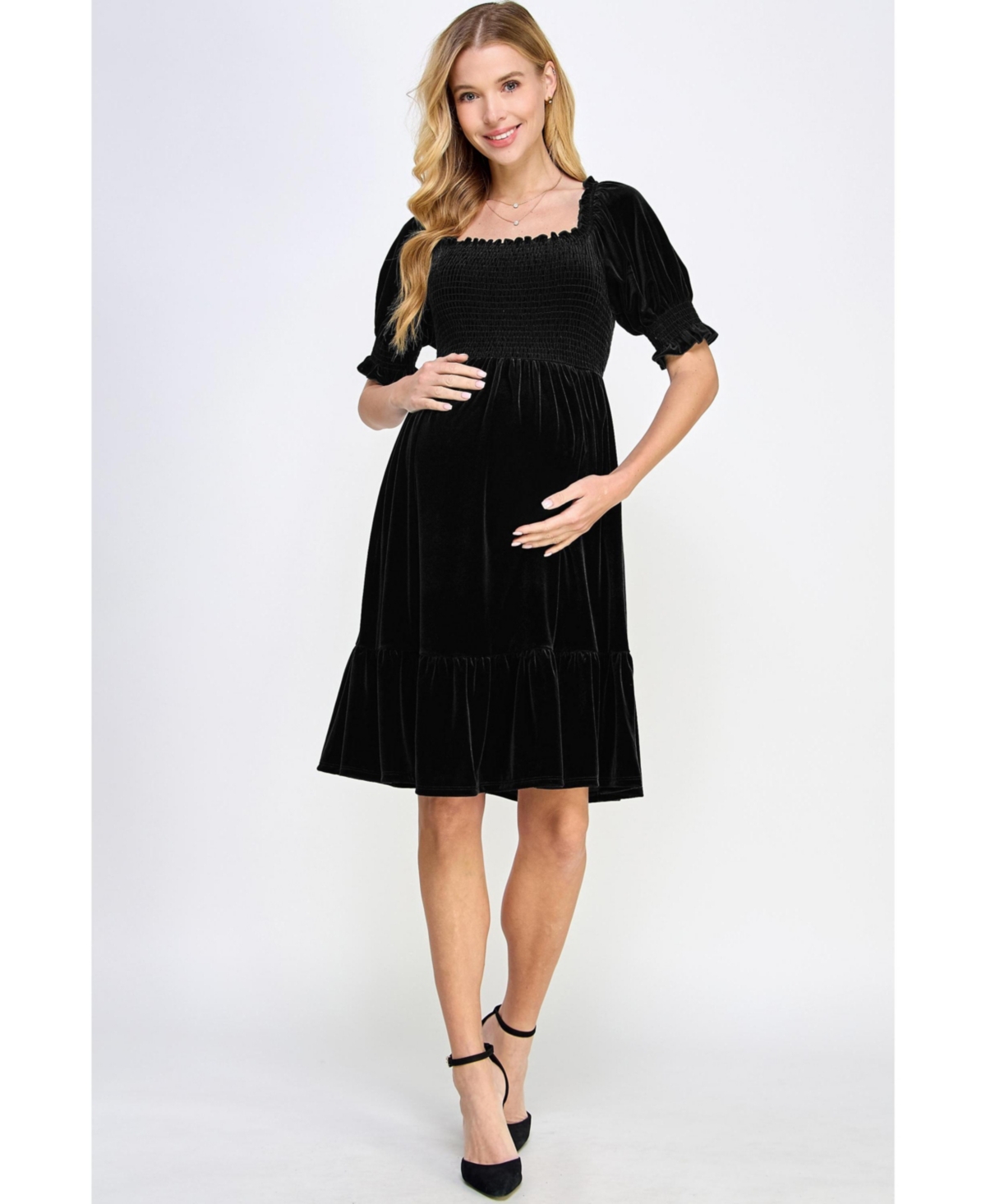 Hello Miz Maternity Velvet Empire Waist Puff Sleeve Smocked Neck Dress