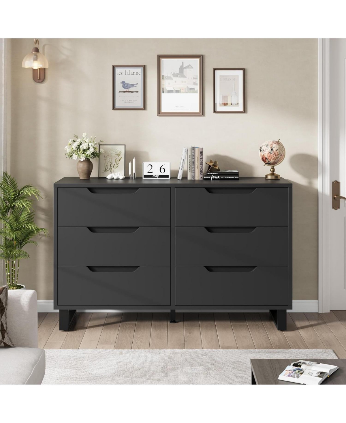 Gaomon 6-Drawer Black Freestanding Dresser 47.2" Wide Storage Cabinet and Wooden Closet Chest for Living Room, Entryway, Bedroom