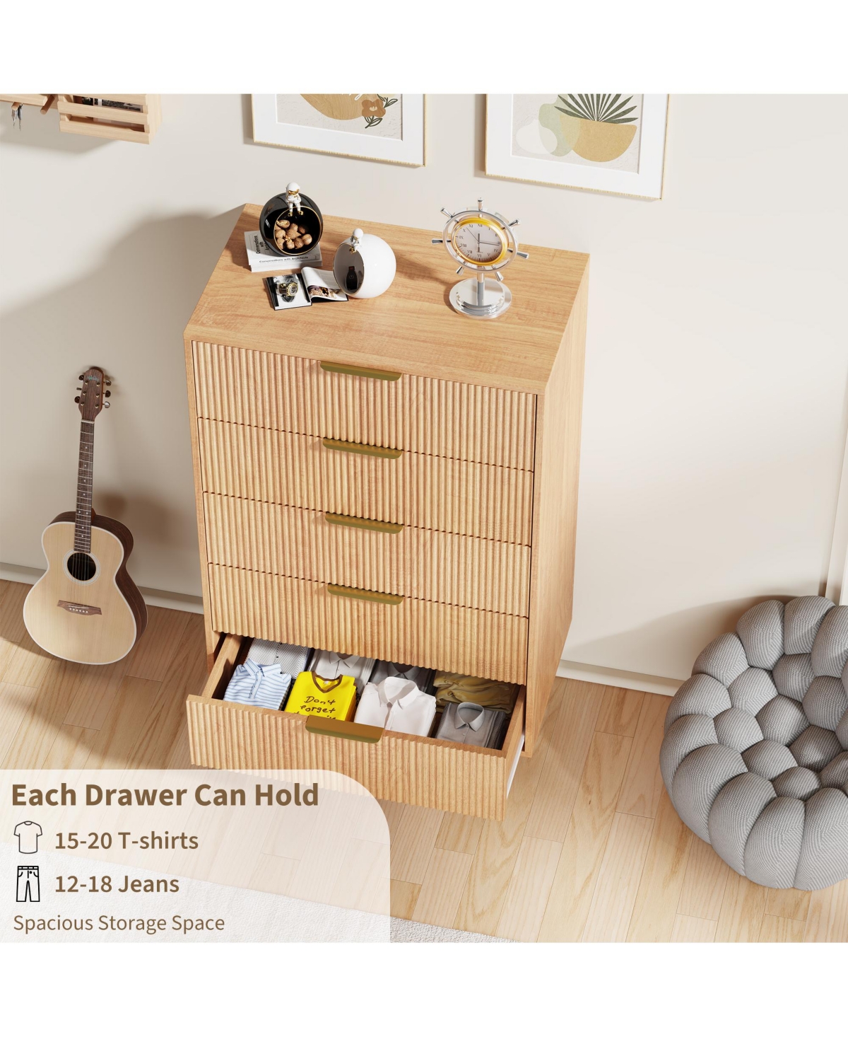 gaomon Modern Fluted Drawer Dresser Wood Chest of Drawers with Metal Handles and Legs