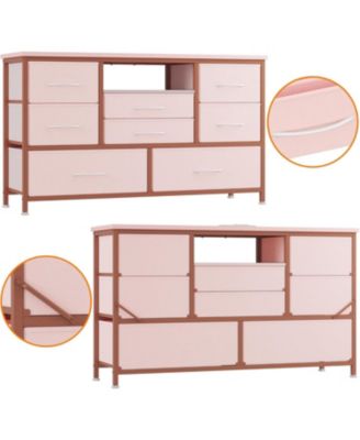 8-Drawer Dresser TV Stand with LED Lights & Charging Station, 55" Entertainment Center Storage, Rustic Brown, Pink