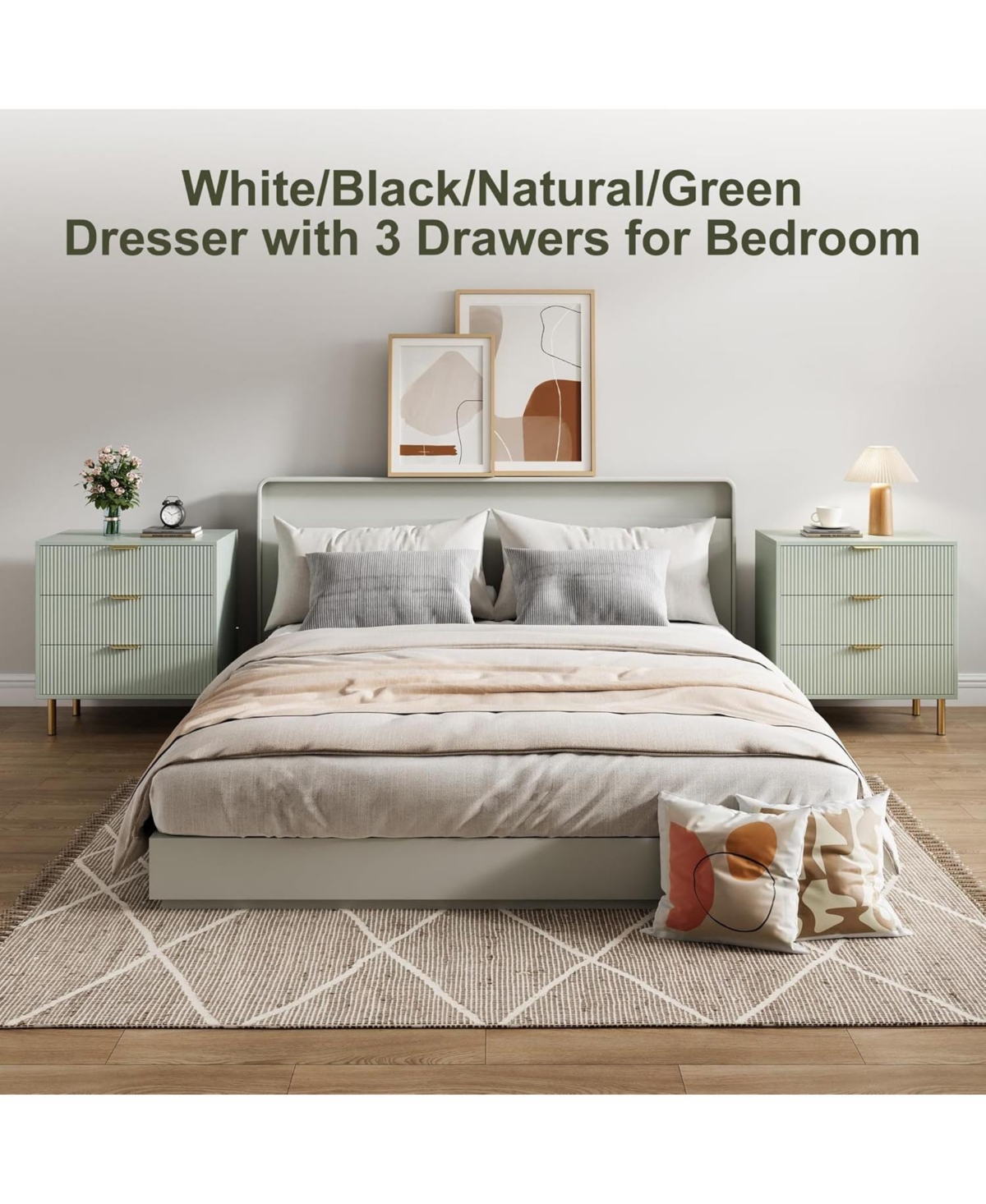 gaomon 3-Drawer Modern Green Dresser, 30" Tall, Fluted Chest with Gold Handles, Anti-Tip Device, Bedroom, Living Room, Kids Room