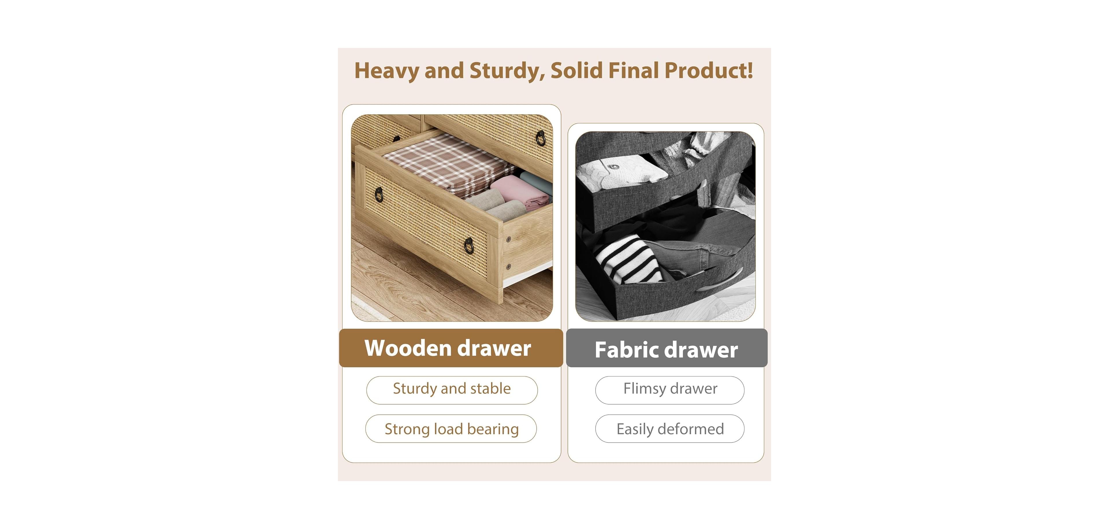 gaomon 6-Drawer Boho Design Engineered Wood Rattan Dresser, Bedroom, Closet, Living Room Storage, Anti-Tip, Natural