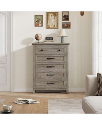 5-Drawer Grey Freestanding Wooden Chest, 41.3" Tall, Vertical Dresser for Living Room, Bedroom, Entryway