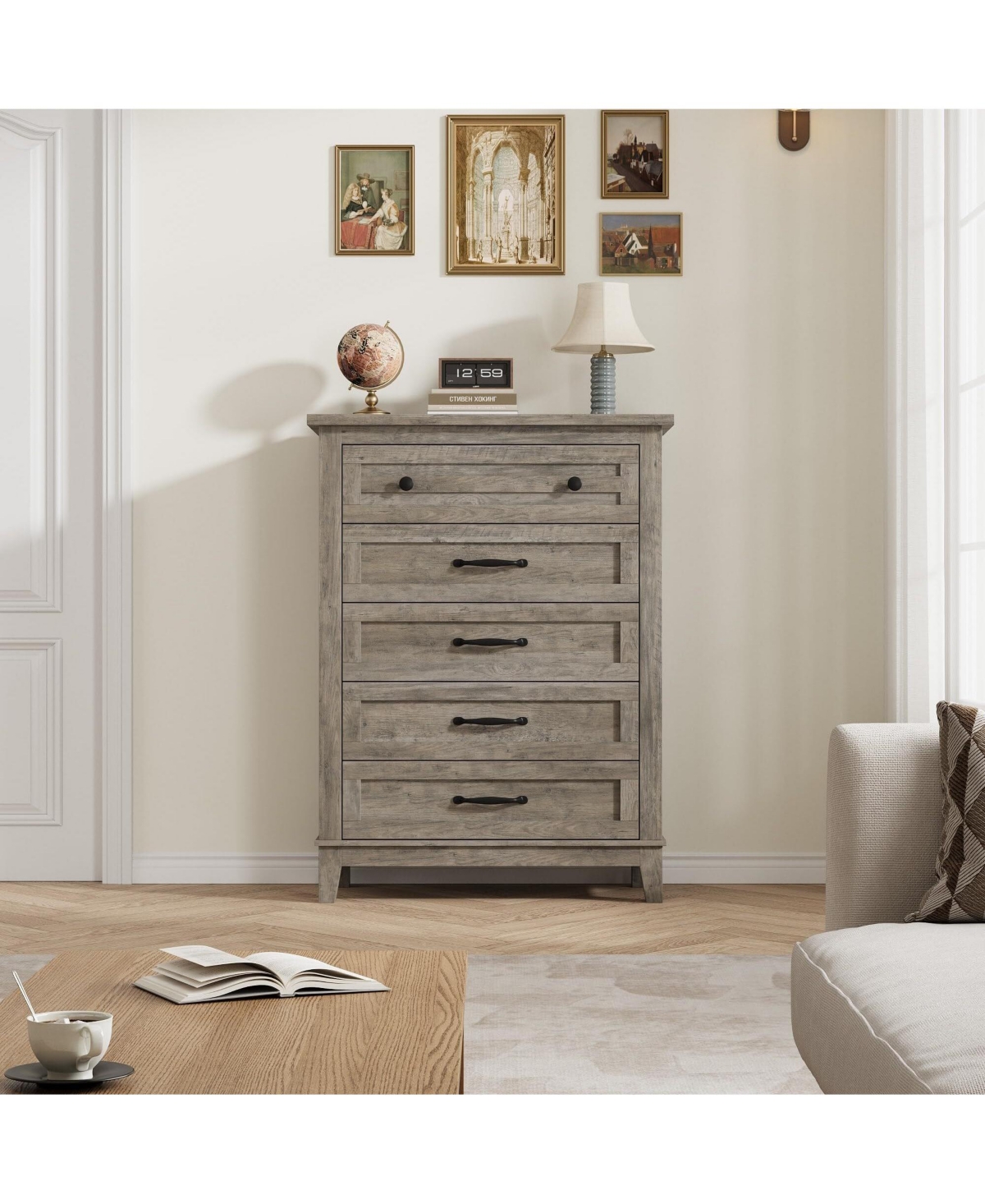 gaomon 5-Drawer Grey Freestanding Wooden Chest, 41.3" Tall, Vertical Dresser for Living Room, Bedroom, Entryway