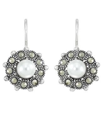 Marcasite (0.53 ct. t.w.) and Cultured Pearl French Wire Flower Earrings in Sterling Silver