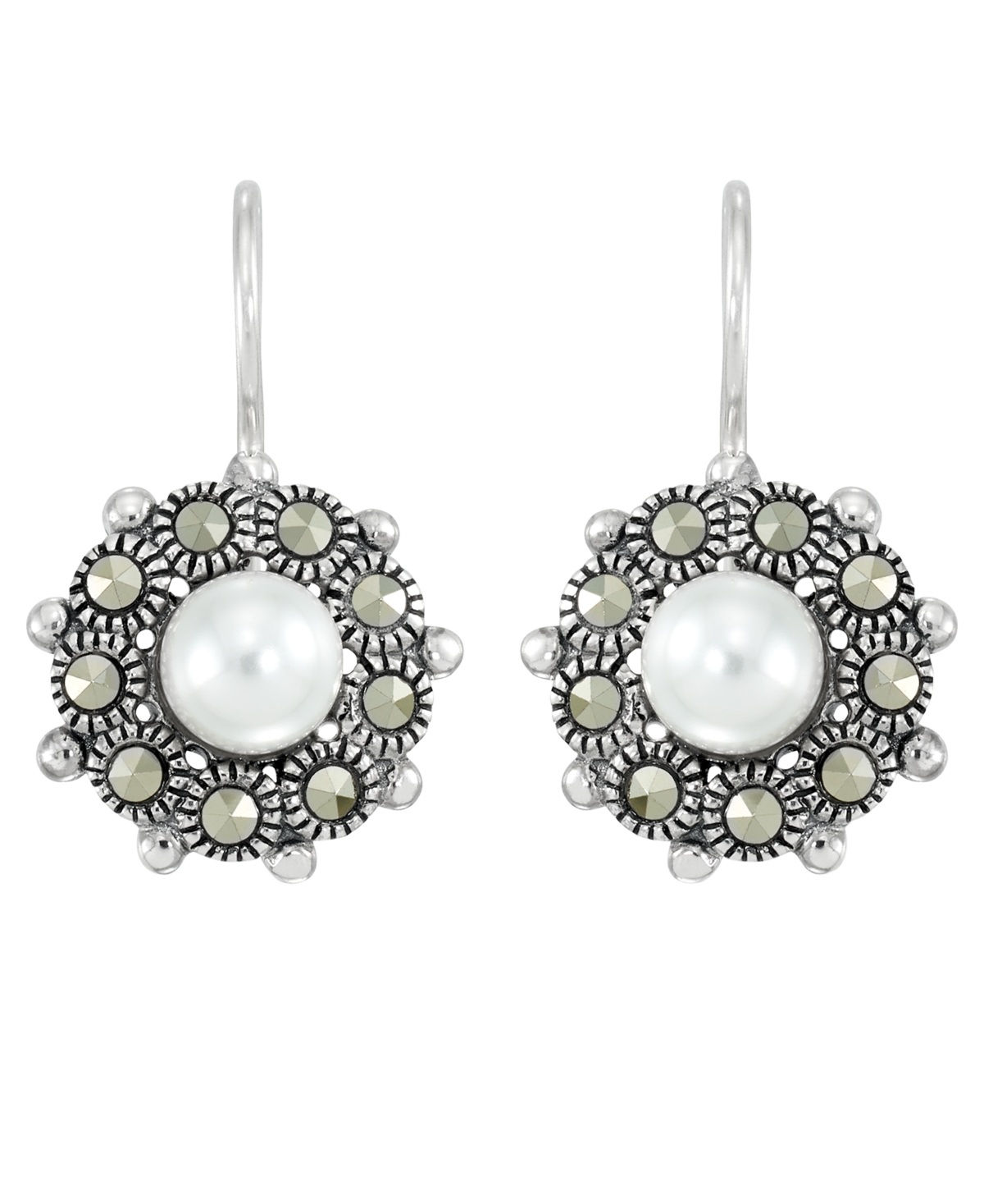 Macy's Marcasite (0.53 ct. t.w.) and Cultured Pearl French Wire Flower Earrings in Sterling Silver