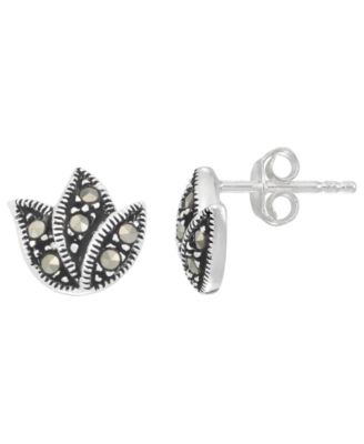 2-Pc. Marcasite Flower and Lotus Stud Earrings Set in Sterling Silver