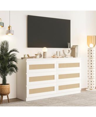 Rattan 6 Drawer Dresser for Bedroom, Modern Double Dresser with Anti-Tip Kit, Chest Organizer