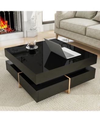 High Gloss Coffee Table with 4 Drawers, Multi Storage, Wood Grain Legs