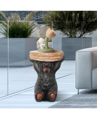 20.8" H Black Bear Side Table - Rustic Bear Statue End Table Holding Tree Stump Tray for Porch, Patio, Garden, or Living Room Decor