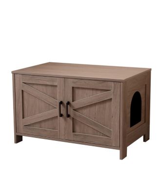 Greige Barn Door Cat Litter Box Enclosure End Table