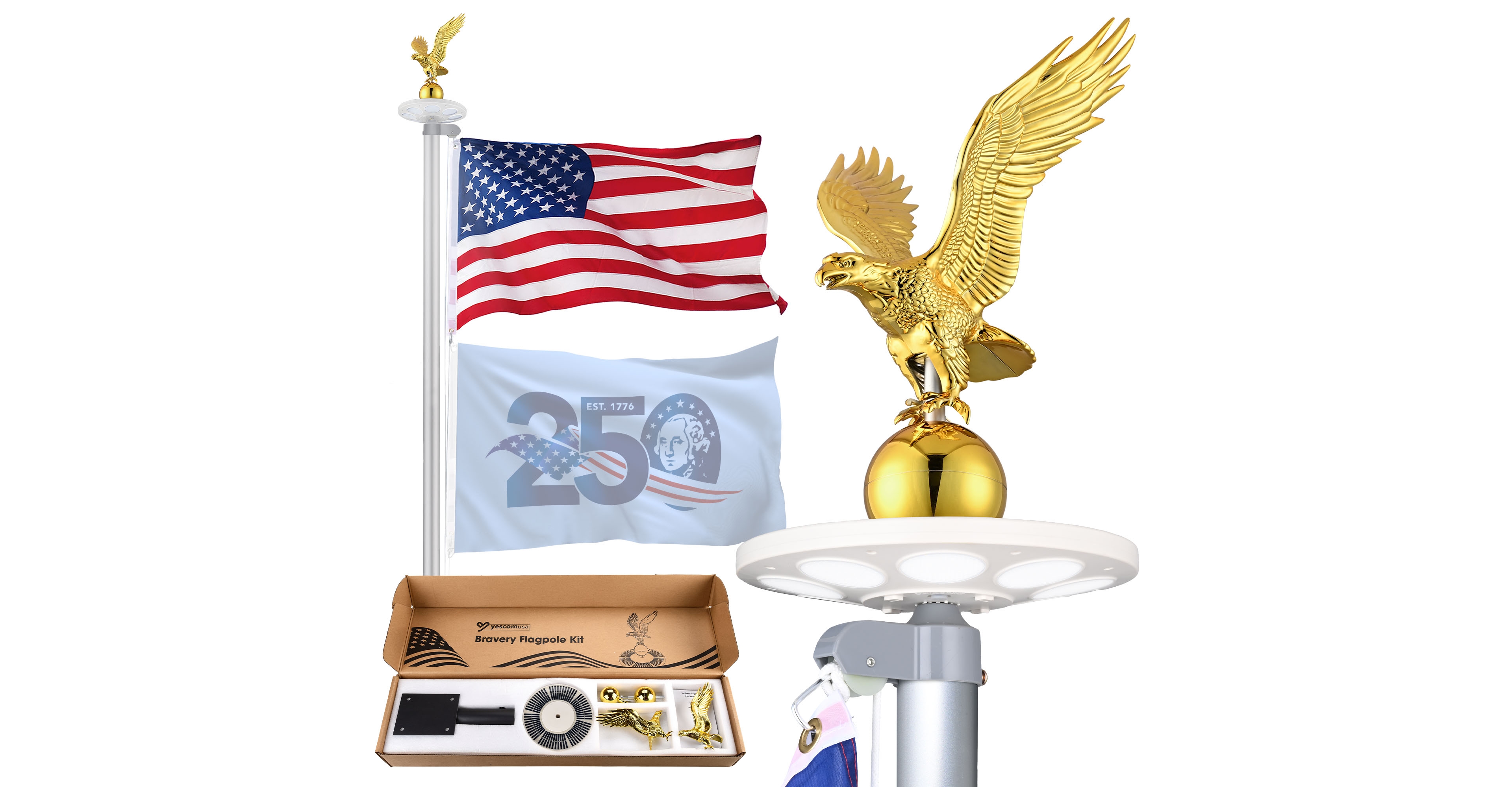 Yescom 20 Ft Sectional Flag Pole Kit with Solar Light & Deck Mount Bravery Mega Aluminum Inground Flagpole for Outdoor Patio Dock Side