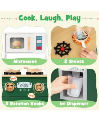 Kid's Play Kitchen with Microwave Stoves Rotation Knobs Ice Dispenser Faucet Sink