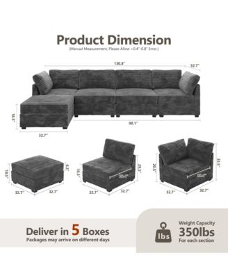 128'' Modular Sectional Sofa Couch, 5-Piece Comfy Corduroy Fabric Couch for Living Room, Modern L-Shaped Deep Seat Sofa with Chaise Ottoman