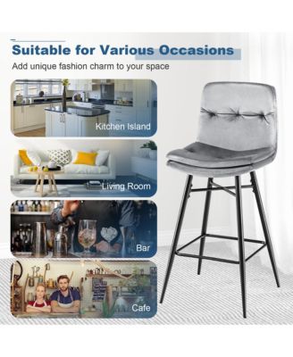 Set of 2 Velvet Bar Stools Bar Height Kitchen Dining Chairs with Metal Legs