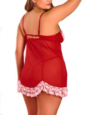 Plus Size 2PC Heart Lace and Princess Seam Babydoll Set Lingerie