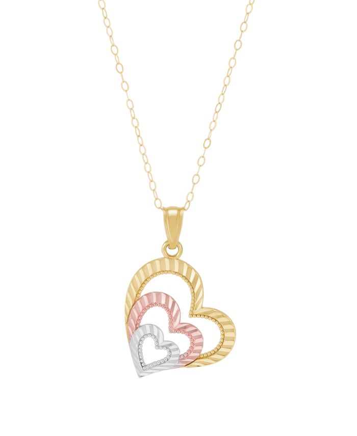 Tripe Heart Pendant Necklace in 10k Yellow and Rose Gold