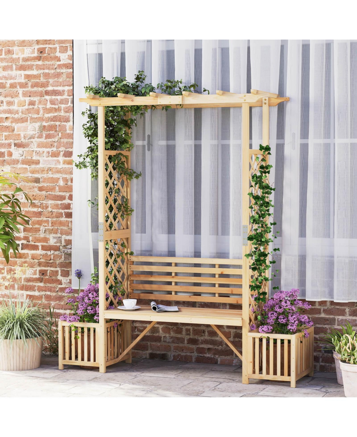 Patio Garden Bench Arbor Arch with Pergola Planting Box Side Trellis for Vines