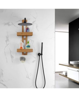 Bathroom Multi-function Natural Bamboo Storage Rack Over Shower Head Organizer, Shower Ball, Shampoo, Conditioner, Soap Holder