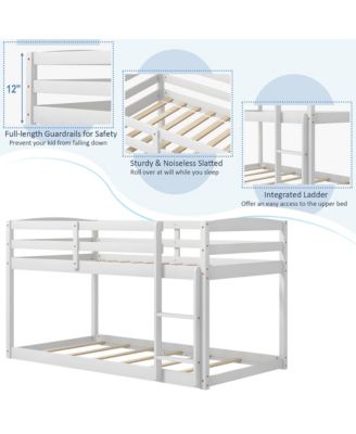 Twin over Twin Low Bunk Bed with Guardrails Integrated Ladder Kids Wooden