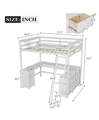 Full Size Loft Bed with U-shaped Desk, Drawers and Storage Shelves
