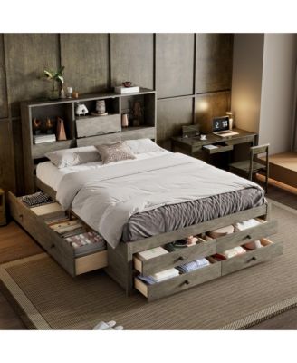 Queen Size Platform Bed with Storage Headboard and 8 Drawers