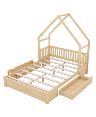 Wood Queen Size House Platform Bed with Guardrail and 2 Drawers