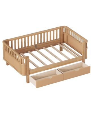 Twin Size Wood Platform Bed for Kids, Low Profile Twin Bed with 2 Wheeled Drawers & Rails