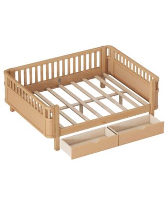 Full Size Wood Platform Bed for Kids, Low Profile Bed with 2 Wheeled Drawers & Rails