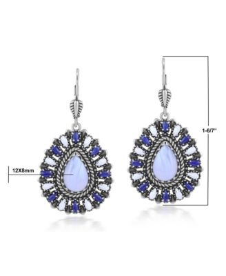 Sterling Silver Blue Lace Agate, Sodalite, and White Agate Cluster Pear Shaped Dangle Earrings