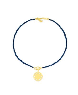 Created Blue Sapphire Bead Necklace with Disc Charm and CZ Accents Adjustable