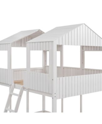 Full Over Full Woodbunk Bed With Roof, Window, Guardrail, Ladder